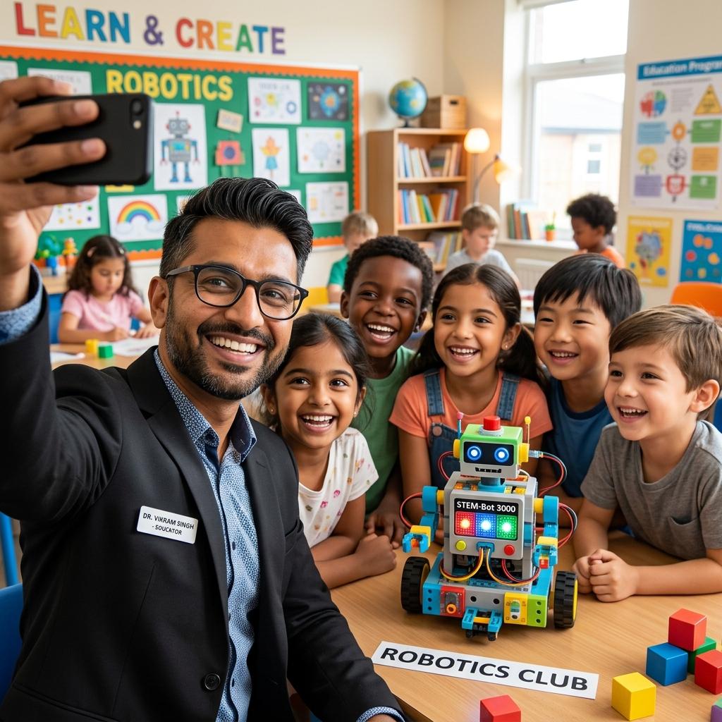 Zeeshan Zafar selfie with kids in robotics workshop